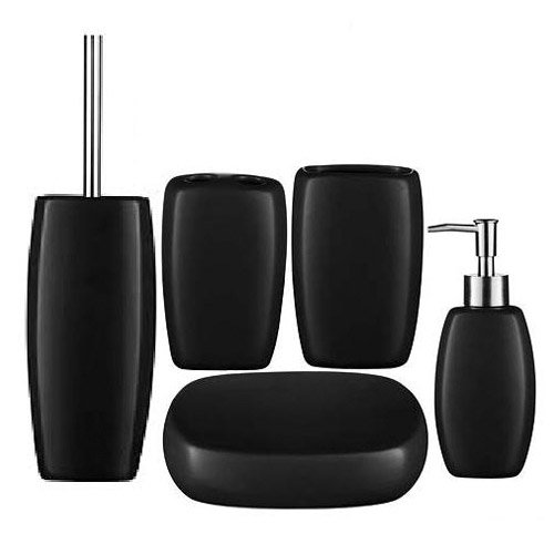 5 Piece Matt Black Stoneware Bathroom Accessories Set Large Image