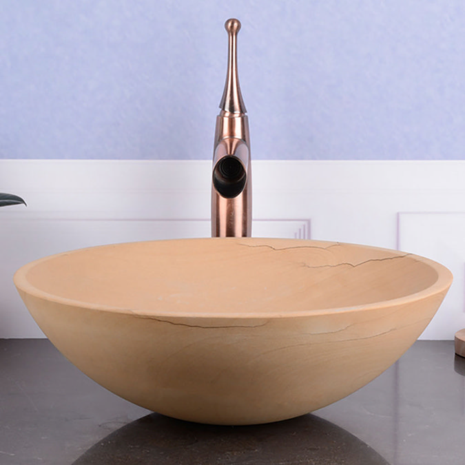 600 x 450mm Dark Wood Shelf with Round Sandstone Basin Standard Large Image