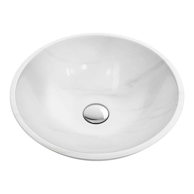 600 x 450mm Dark Wood Shelf with Round White Marble Basin Feature Large Image