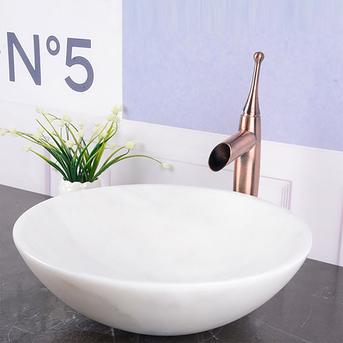600 x 450mm Dark Wood Shelf with Round White Marble Basin Standard Large Image