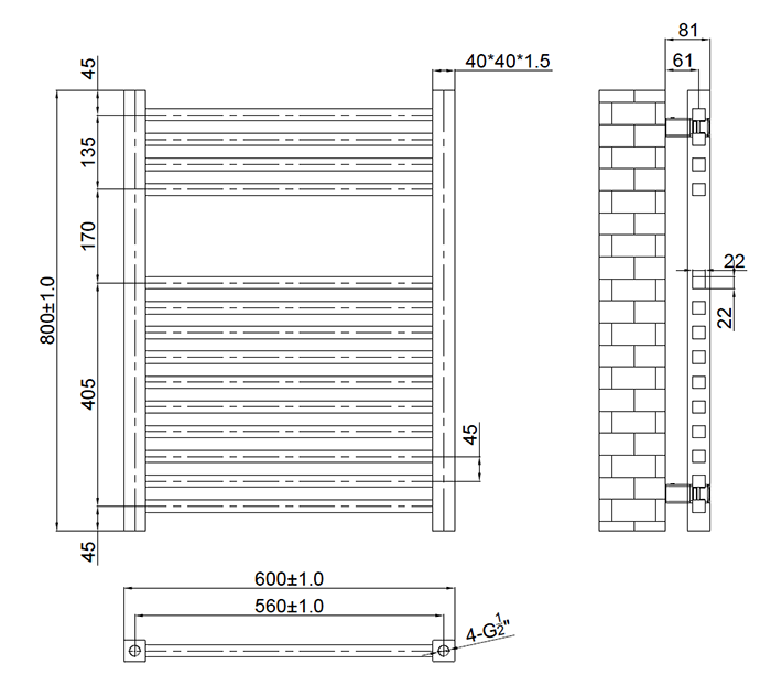 600 x 690mm Square Bar Heated Towel Rail Chrome