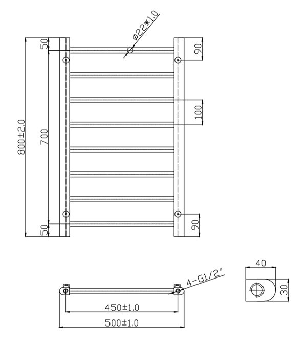 800 x 500mm Brushed Brass Straight Heated Towel Rail