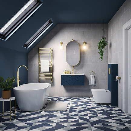 Voyage Wall Hung Vanity - 800mm Indigo Blue with Brushed Brass Handle Suite