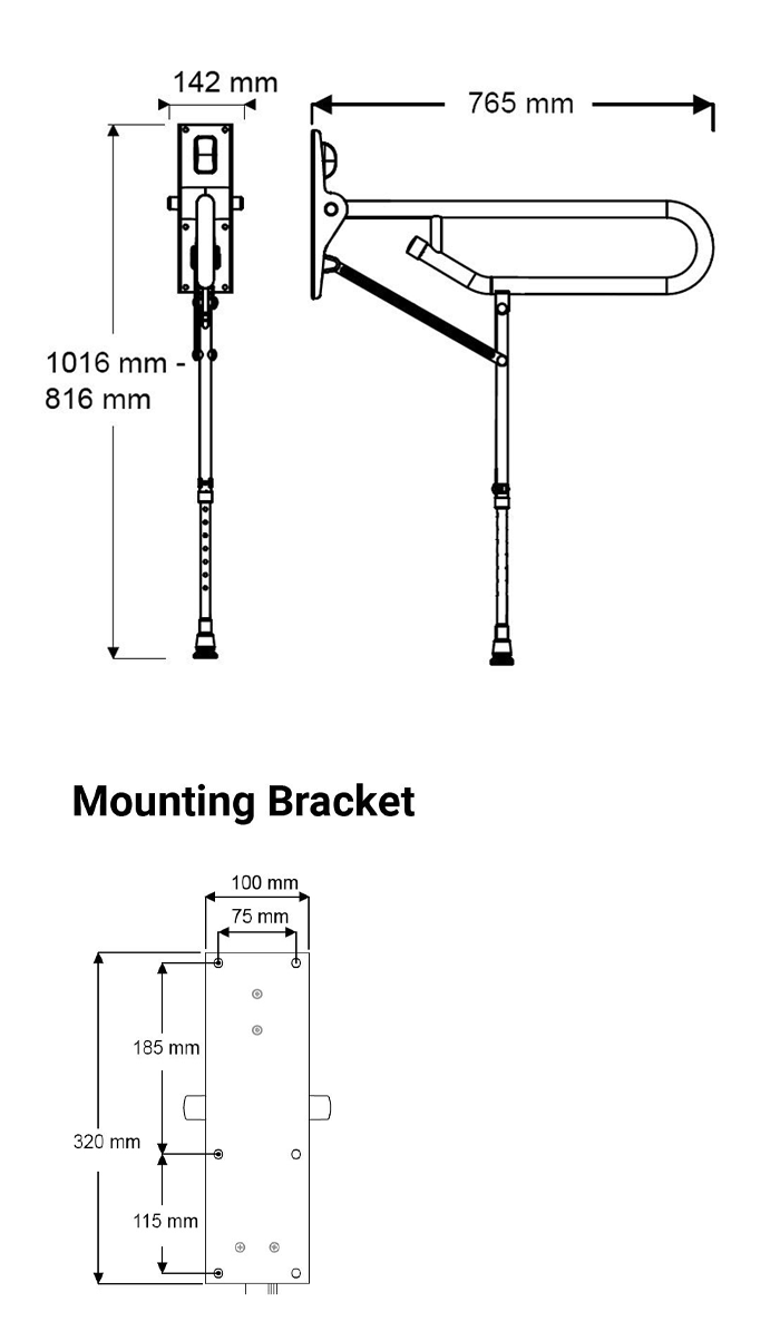 AKW Fold-Up Toilet Support Grab Rail with Adjustable Leg - White