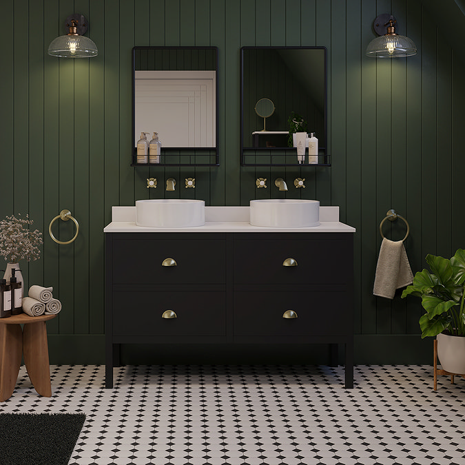 Alchemy 1210mm Floor Standing Vanity Unit - Matt Black with White Granite Worktop & Antique Brass Handles