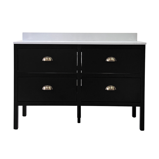Alchemy 1210mm Floor Standing Vanity Unit - Matt Black with White Granite Worktop & Antique Brass Handles