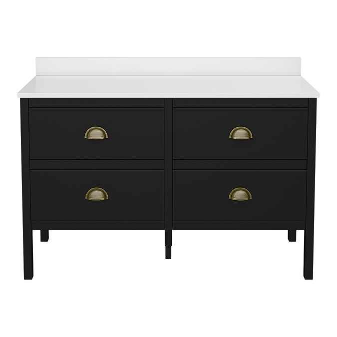 Alchemy 1210mm Floor Standing Vanity Unit - Matt Black with White Granite Worktop & Antique Brass Handles