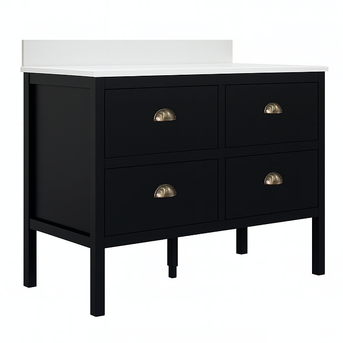 Alchemy 1210mm Floor Standing Vanity Unit - Matt Black with White Granite Worktop & Antique Brass Handles