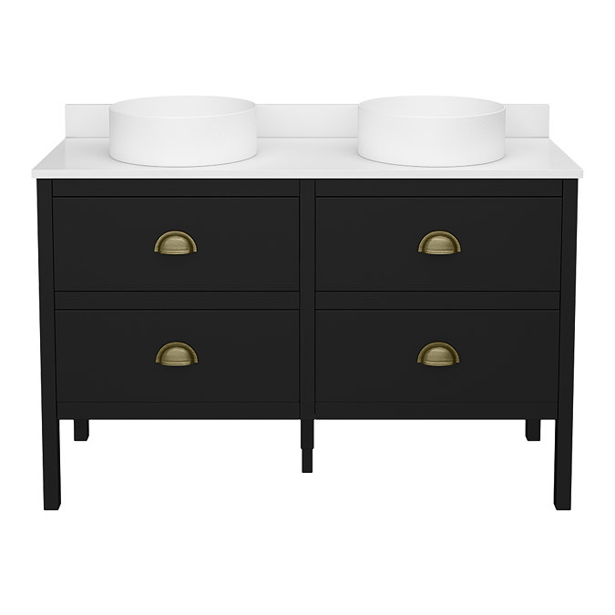 Alchemy 1210mm Floor Standing Vanity Unit - Matt Black with White Granite Worktop & Antique Brass Handles