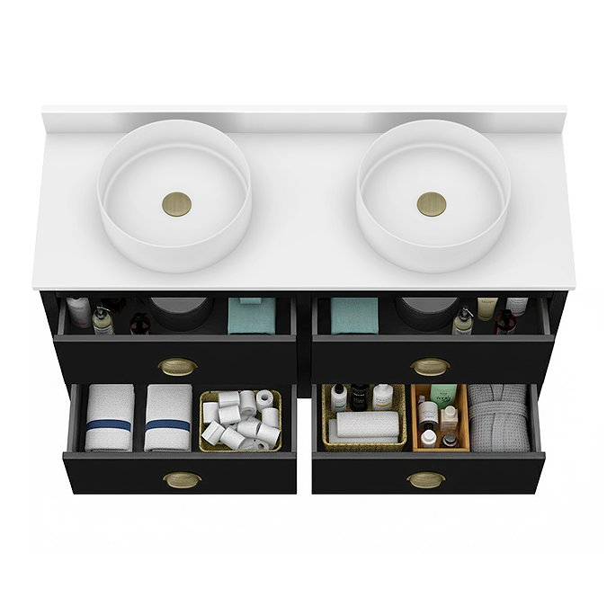 Alchemy 1210mm Floor Standing Vanity Unit - Matt Black with White Granite Worktop & Antique Brass Handles