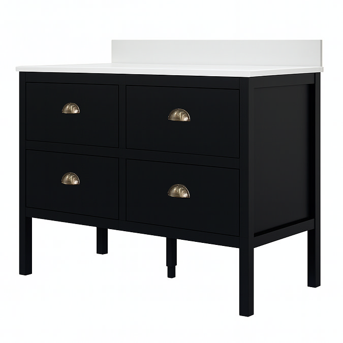 Alchemy 1210mm Floor Standing Vanity Unit - Matt Black with White Granite Worktop & Antique Brass Handles