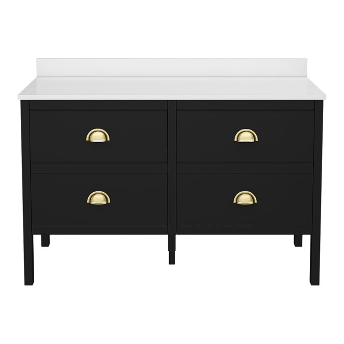 Alchemy 1210mm Floor Standing Vanity Unit - Matt Black with White Granite Worktop & Brushed Brass Handles