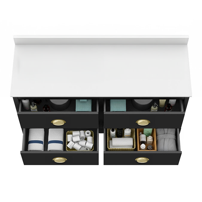 Alchemy 1210mm Floor Standing Vanity Unit - Matt Black with White Granite Worktop & Brushed Brass Handles