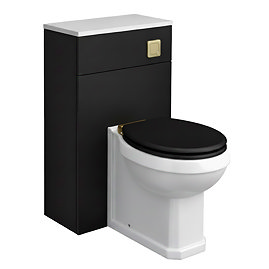 Alchemy 500mm Matt Black WC Unit with Granite Lid & Back to Wall Toilet Set - Brushed Brass Flush