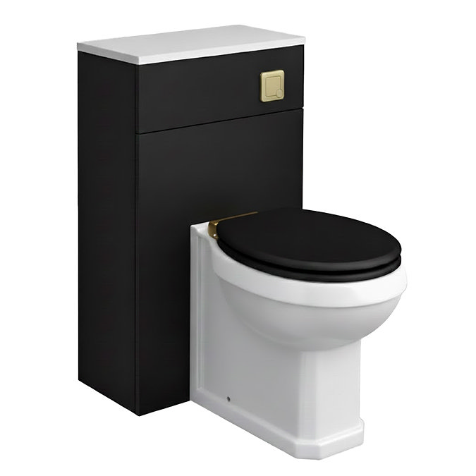 Alchemy 500mm Matt Black WC Unit with Granite Lid & Back to Wall Toilet Set - Brushed Brass Flush