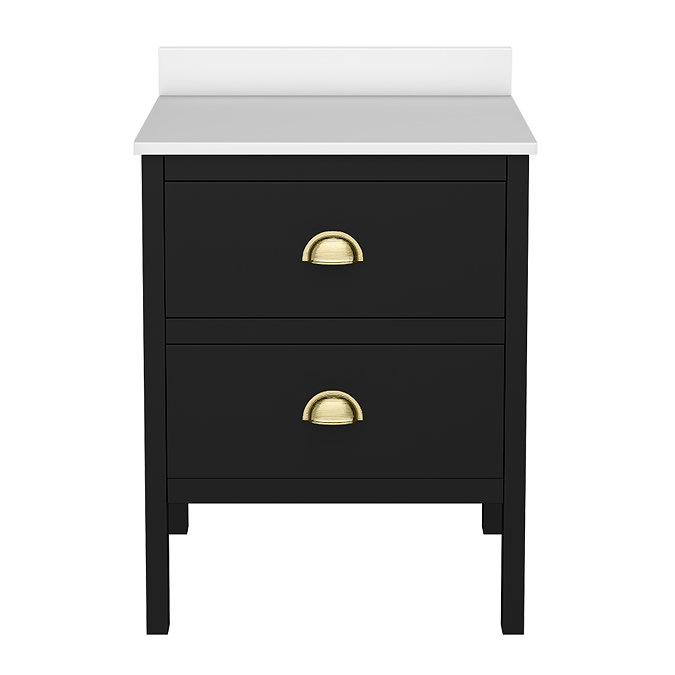 Alchemy 610mm Floor Standing Vanity Unit - Matt Black with White Granite Worktop & Brushed Brass Handles