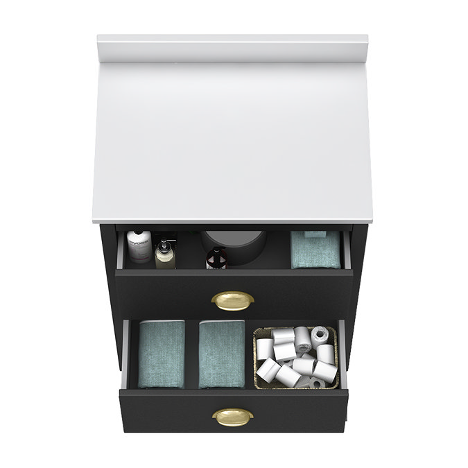 Alchemy 610mm Floor Standing Vanity Unit - Matt Black with White Granite Worktop & Brushed Brass Handles