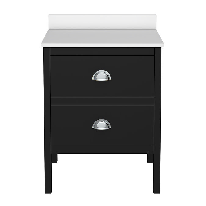 Alchemy 610mm Floor Standing Vanity Unit - Matt Black with White Granite Worktop & Chrome Handles