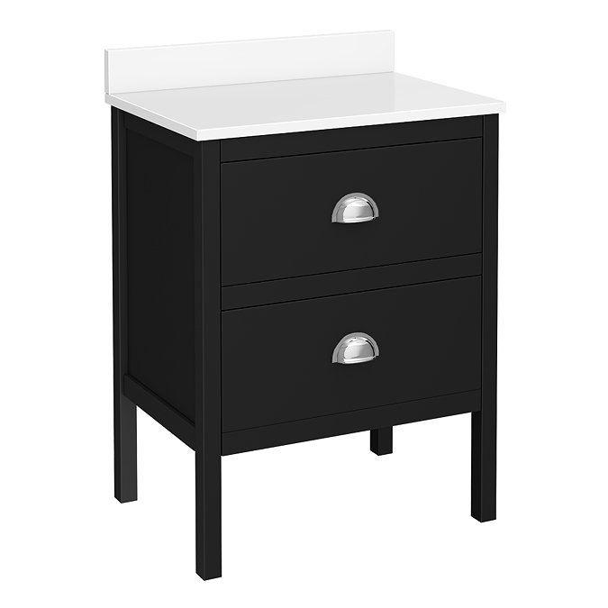 Alchemy 610mm Floor Standing Vanity Unit - Matt Black with White Granite Worktop & Chrome Handles