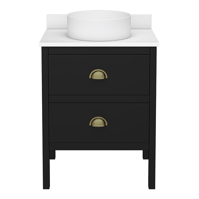Alchemy 610mm Matt Black Vanity Unit with White Granite Worktop, Antique Brass Handles & Round Countertop Basin