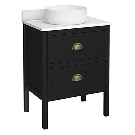 Alchemy 610mm Matt Black Vanity Unit with White Granite Worktop, Antique Brass Handles & Round Countertop Basin