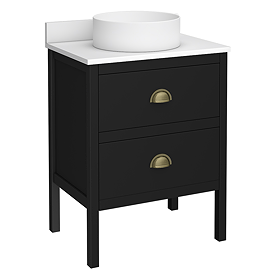 Alchemy 610mm Matt Black Vanity Unit with White Granite Worktop, Antique Brass Handles & Round Countertop Basin