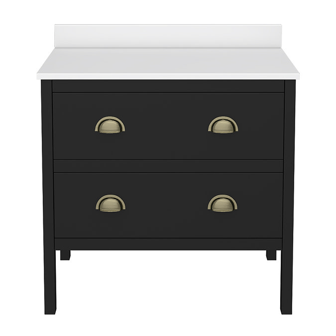 Alchemy 810mm Floor Standing Vanity Unit - Matt Black with White Granite Worktop & Antique Brass Handles