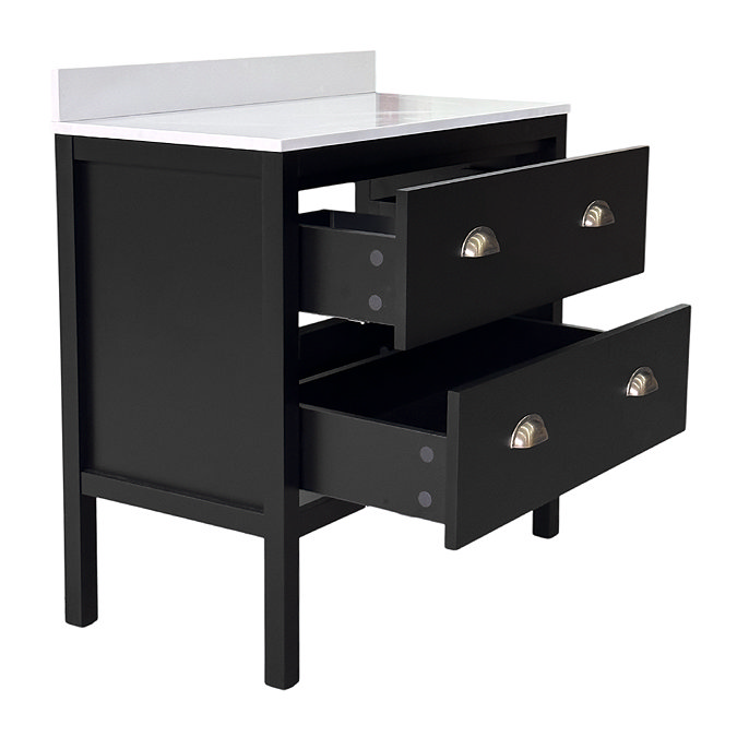 Alchemy 800mm Floor Standing Vanity Unit – Matt Black with White Granite Worktop & Antique Brass Handles
