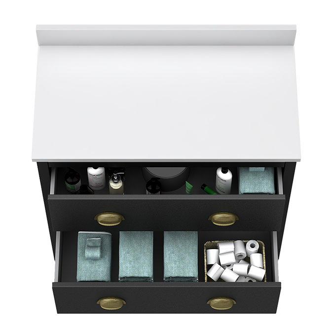 Alchemy 810mm Floor Standing Vanity Unit - Matt Black with White Granite Worktop & Antique Brass Handles