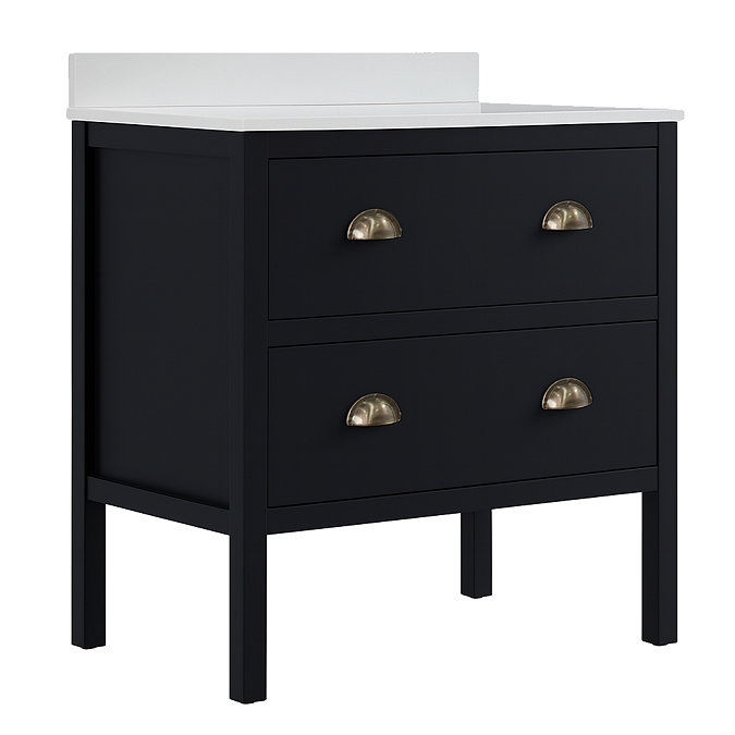 Alchemy 800mm Floor Standing Vanity Unit – Matt Black with White Granite Worktop & Antique Brass Handles