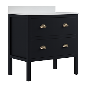 Alchemy 800mm Floor Standing Vanity Unit – Matt Black with White Granite Worktop & Antique Brass Handles