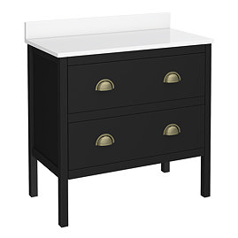 Alchemy 810mm Floor Standing Vanity Unit - Matt Black with White Granite Worktop & Antique Brass Handles