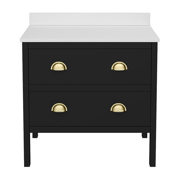 Alchemy 810mm Floor Standing Vanity Unit - Matt Black with White Granite Worktop & Brushed Brass Handles