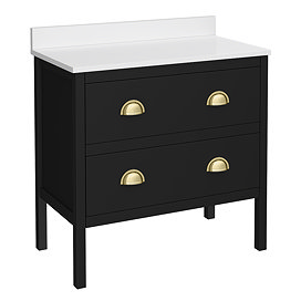 Alchemy 810mm Floor Standing Vanity Unit - Matt Black with White Granite Worktop & Brushed Brass Handles