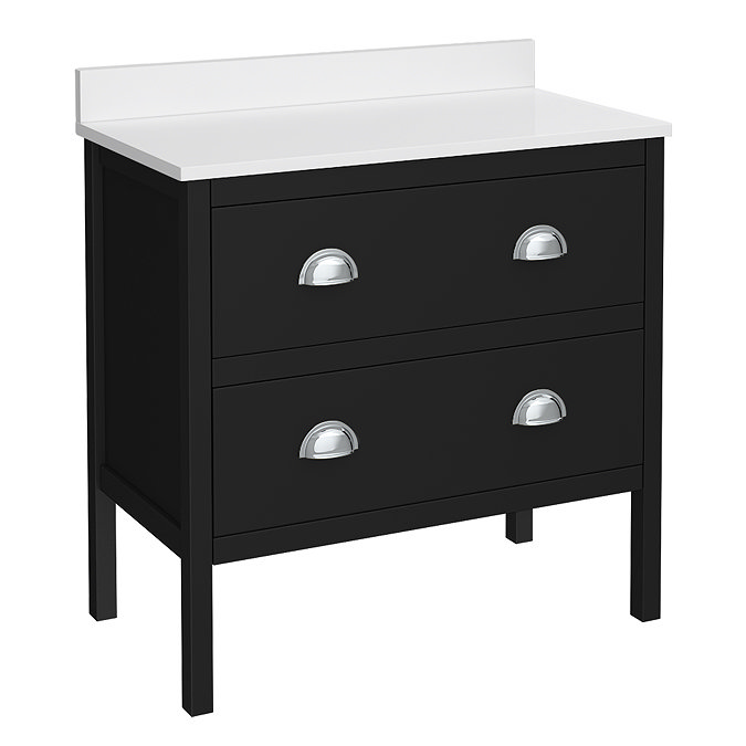 Alchemy 810mm Floor Standing Vanity Unit - Matt Black with White Granite Worktop & Chrome Handles