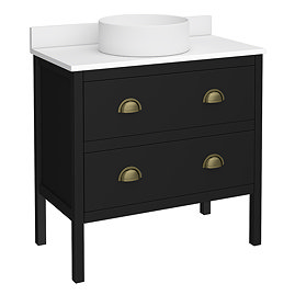 Alchemy 810mm Matt Black Vanity Unit with White Granite Worktop, Antique Brass Handles & Round Countertop Basin