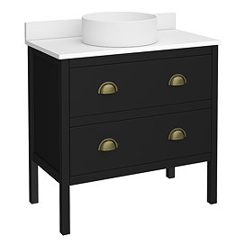 Alchemy 810mm Matt Black Vanity Unit with White Granite Worktop, Antique Brass Handles & Round Countertop Basin