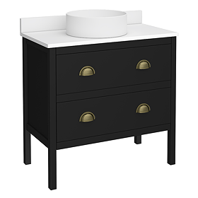 Alchemy 810mm Matt Black Vanity Unit with White Granite Worktop, Antique Brass Handles & Round Countertop Basin