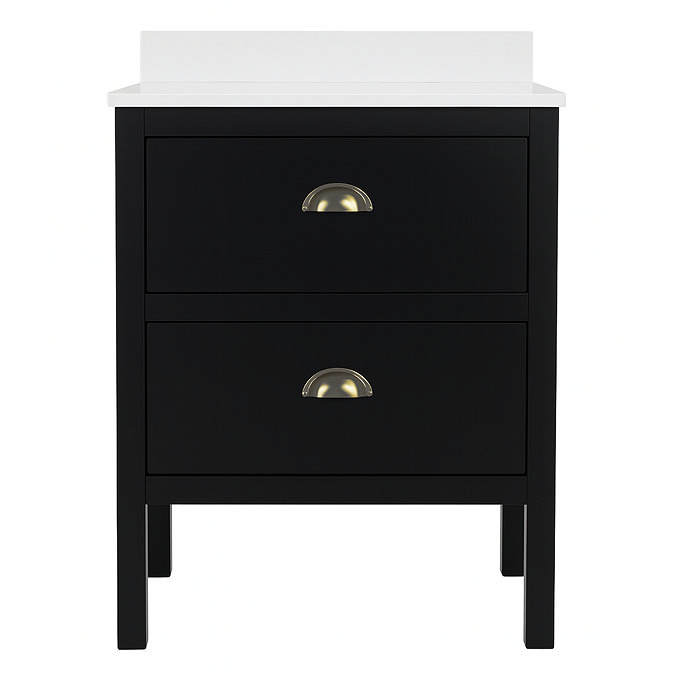 Alchemy 600mm Floor Standing Vanity Unit – Matt Black with White Granite Worktop & Antique Brass Handles