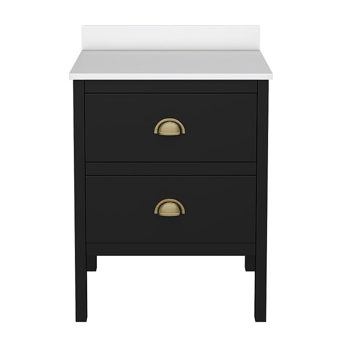 Alchemy 610mm Floor Standing Vanity Unit - Matt Black with White Granite Worktop & Antique Brass Handles