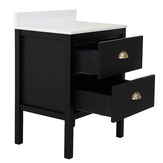Alchemy 600mm Floor Standing Vanity Unit – Matt Black with White Granite Worktop & Antique Brass Handles