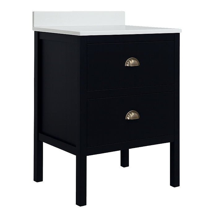 Alchemy 610mm Floor Standing Vanity Unit - Matt Black with White Granite Worktop & Antique Brass Handles