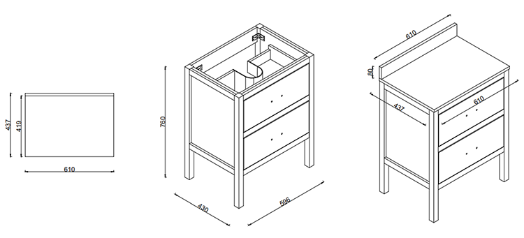 Alchemy 600mm Floor Standing Vanity Unit – Matt Black with White Granite Worktop & Antique Brass Handles