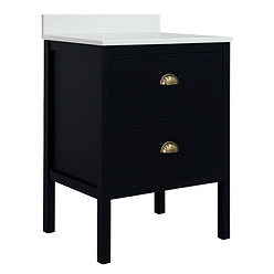 Alchemy 600mm Floor Standing Vanity Unit - Matt Black with White Granite Worktop & Antique Brass Handles