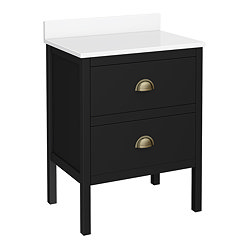 Alchemy 610mm Floor Standing Vanity Unit - Matt Black with White Granite Worktop & Antique Brass Handles