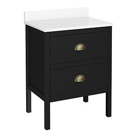 Alchemy 610mm Floor Standing Vanity Unit - Matt Black with White Granite Worktop & Antique Brass Handles