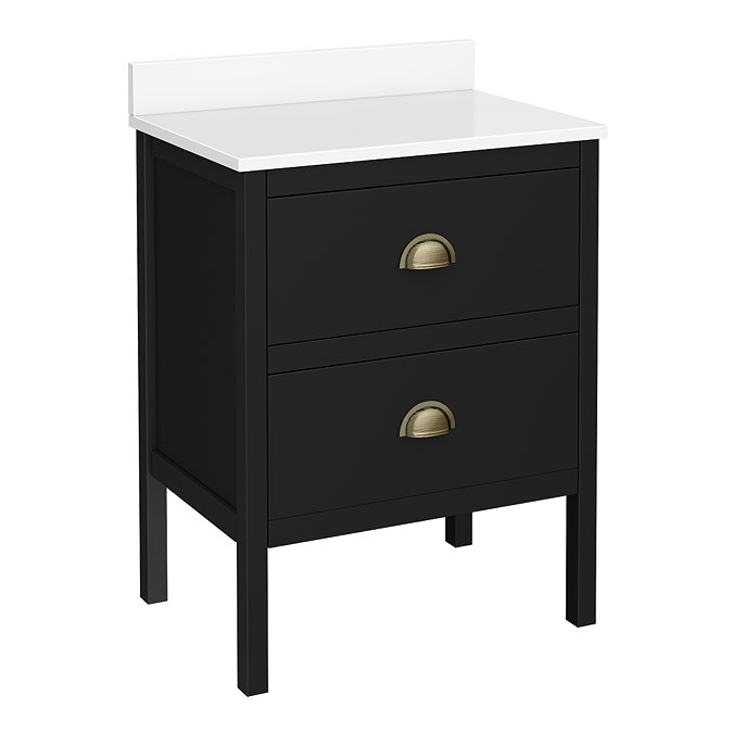 Alchemy 610mm Floor Standing Vanity Unit - Matt Black with White Granite Worktop & Antique Brass Handles