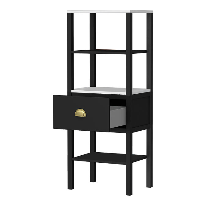 Alchemy Tall Shelf Unit - Matt Black Finish, Display Shelves, Drawer with Brushed Brass Cup Pull