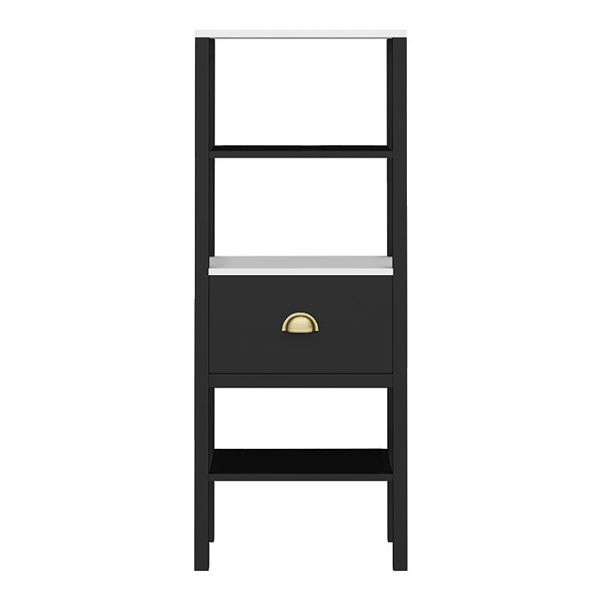 Alchemy Tall Shelf Unit - Matt Black Finish, Display Shelves, Drawer with Brushed Brass Cup Pull