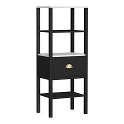 Alchemy Tall Shelf Unit - Matt Black Finish, Display Shelves, Drawer with Brushed Brass Cup Pull
